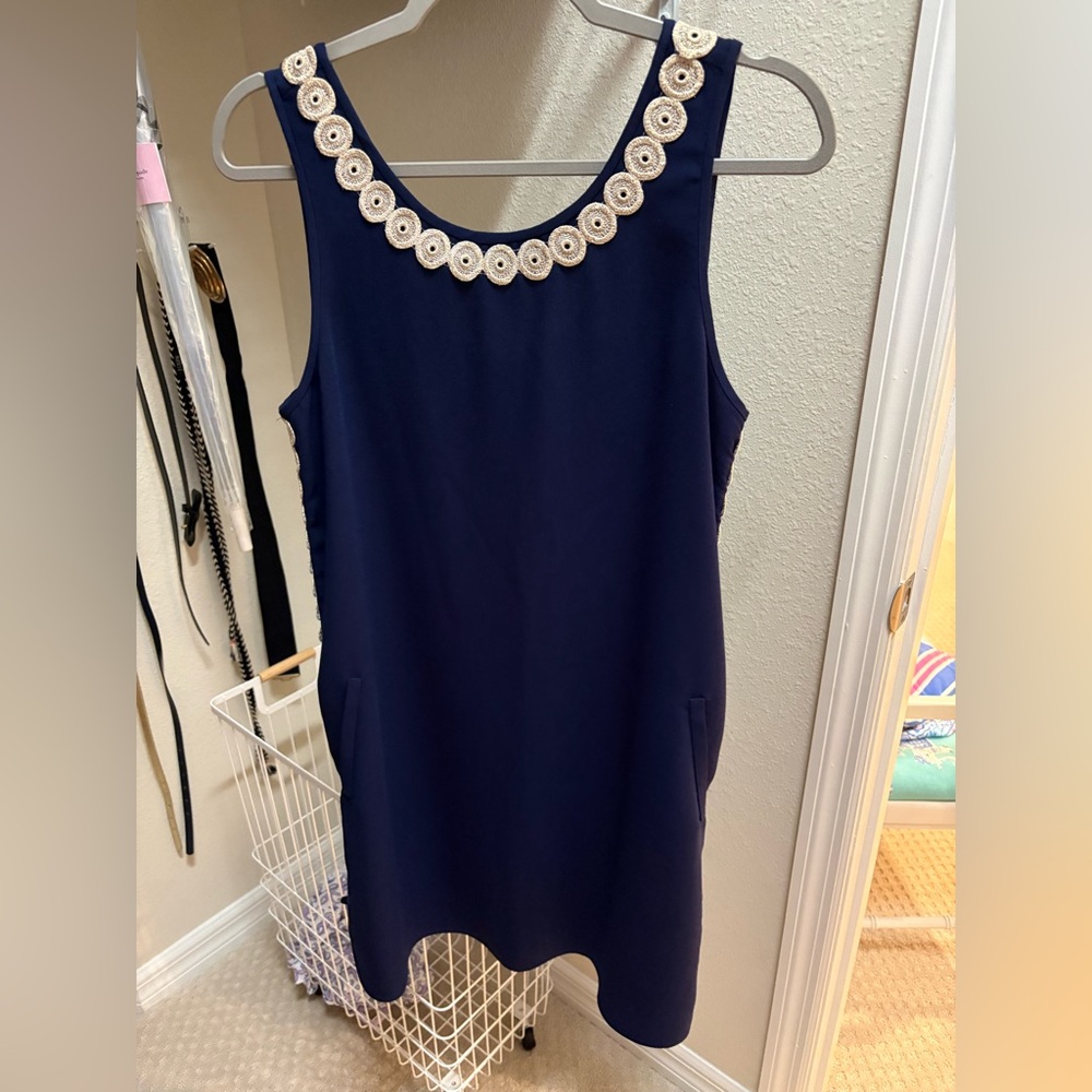 Lilly Pulitzer Navy and Gold Stella Sleeveless Dress with Embellished Neckline